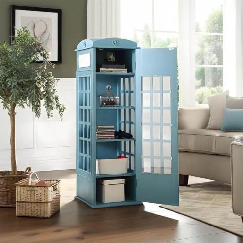 LJLYYDS Wooden Telephone Standing Bookshelf Vintage,5-Tier Wood London Telephones Booth Storage Shelf Cube,Floor Standing Telephone Booth Bookshelf with Acrylic Door for bookstores Blue