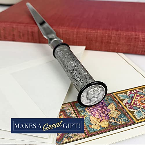 American Coin Treasures Coin Letter Opener & Magnifying Glass Mercury Dime- Antiqued Silvertone Brass Handle Gift Set-Genuine United States Coin