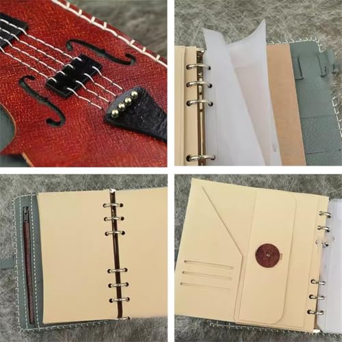Violin Design Genuine Leather Binder Notebook, Top Layer Cowhide Handmade Journal, Vintage Loose-Leaf Planner with Multi-Pocket Organizer(A5)