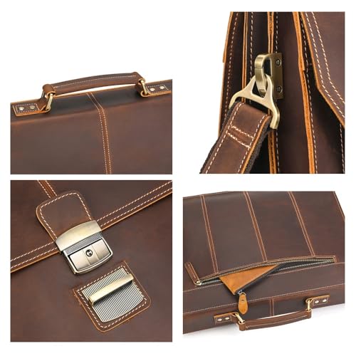 Messenger Bag for Men Vintage Leather Briefcase Laptop Shoulder Bag Unisex Crossbody Messenger Satchel for Office(Dark Brown)