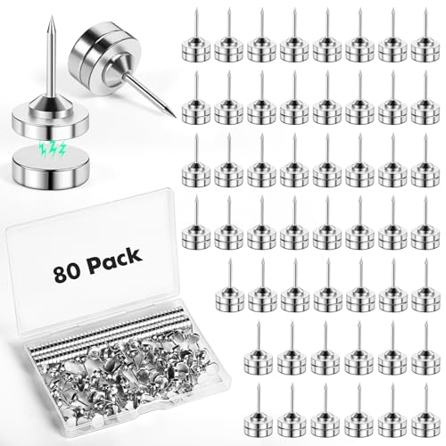 GOOLADA 80 Sets Magnet Push Pins, Magnetic Push Pins Backs, Push Pin Maps, Chinches para Pared, Decorative Stick Pins, Magnetic Thumb Tacks for Wall, Hang Board, Cork Board Accessories