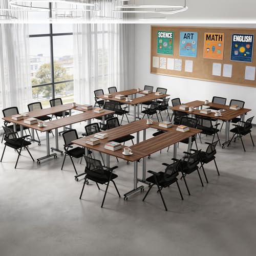 YICOCHI 2 Pack Flip Top Training Table with Lockable Wheels, Mobile Nesting Folding Conference Table, Space Saving Seminar Desk for Classroom, Office, Library (Walnut, 47"×16"×30")