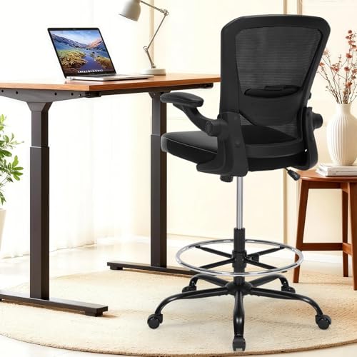 Bondesin Drafting Chair Tall Office Chair with PU Leather Seat, 400lbs Ergonomic Standing Desk Chair with Lumbar Support,Counter Stool with Adjustable Footrest Ring & Flip-up Armrests,Black