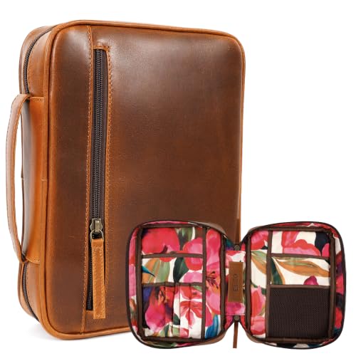 ELIZO Full Grain Leather Bible Cover for Women, Floral Large Bible Cases for Woman, Genuine Leather Sleeve Pouch Organizer Protector Carrying Bag with Zipper Christian Gifts for Women Bookmark, Cognac