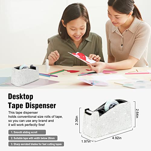 Bling Crystal Luxury Handmade Diamond Round Pencil Pen Pot Holder & Stapler & Card Holder & Desktop Tape Dispenser Office Stationery Kit for Fashion Girls Women(White)