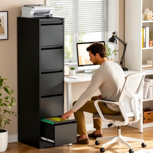 5 Drawer File Cabinet with Lock, Metal Vertical File Cabinets for Home Office, Office Furniture for Organization Hanging Legal/Letter/A4, Office File Cabinet Storage Cabinet, Require Assembly, Black
