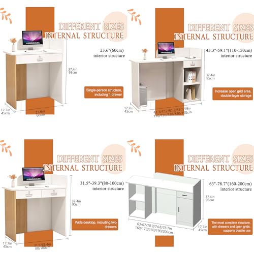 UxxStore Wooden Reception Desk with Drawer Storage, 60-220cm Front Desk Reception Counter Table, Modern Checkout Counter for Salon, Offices, Store, Hotel, Front Counter Retail Reception Room Tables