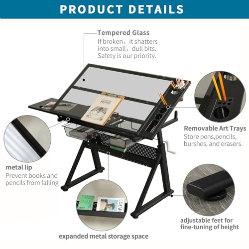 Japovker Adjustable Height Drafting Table with Storage Drawers & Stool for Adults, Glass Art Desk with Side Storage Strips, Drawing Table with Tilted Tabletop for Art Office Study (Black+Glass A)