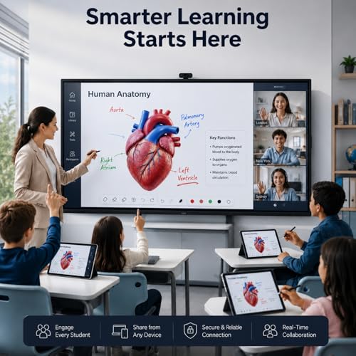 75" 4K Interactive Smart Whiteboard, Touchscreen TV, Digital Whiteboard for Office & Classroom - Android & Windows Dual System, Wireless Screen Sharing for Meetings & Teaching - Wall Bracket Included
