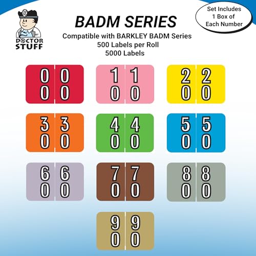 Doctor Stuff - File Folder Labels, Terminal Digit Filing, Consecutive Double Digit Numbers 00-99, Barkley FDBKM Match - BADM Series Chart Stickers, 1" x 1-1/2", 1 Each of 10 Rolls, 500/Roll