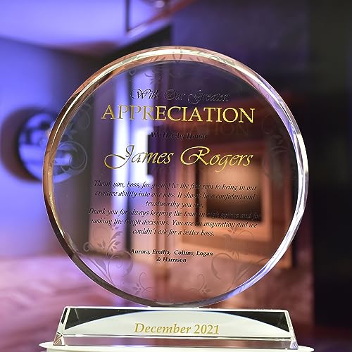 Extra-thick 6” Personalized Appreciation Gift Plaque for Happy Retirement Boss, Employee, Pastor, Pure K9 Crystal Clear Glass Circle Award with custom Name and Company LOGO (S - 6")