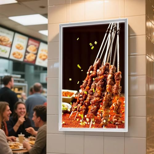 moupeaktain Advertising Board Wall-Mounted Poster Display, Super Bright Ultra-Thin LED Advertising Light Box Menu Board, Tempered Glass + Aluminum Alloy Frame Silver-A1
