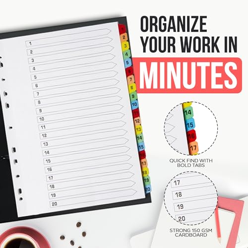 The Paper Shop Numbered Dividers for 3 Ring Binder 1-20 - A4 (10 Pack) | Bulk Binder Dividers with Tabs for Office School & Classroom | Number Tab Index Sets for Notebooks & Files | 200-Tab Bulk Set