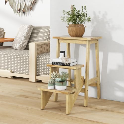 GLACER 3-Tier Folding Step Stool, Portable Wood Step Ladder for Adults & Kids, 3-in-1 Storage Shelf Flower Rack Foot Stool, Ideal for Home, Kitchen, Library (Natural)