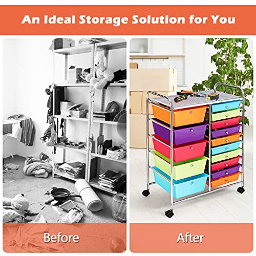 LUARANE Rolling Cart with 15 Drawers, Craft Storage Cart with Portable Handles & Lockable Wheels, Mobile Toys Organizer, Large Capacity Utility Drawer Cart Home Office School Teacher (Multi-colored)