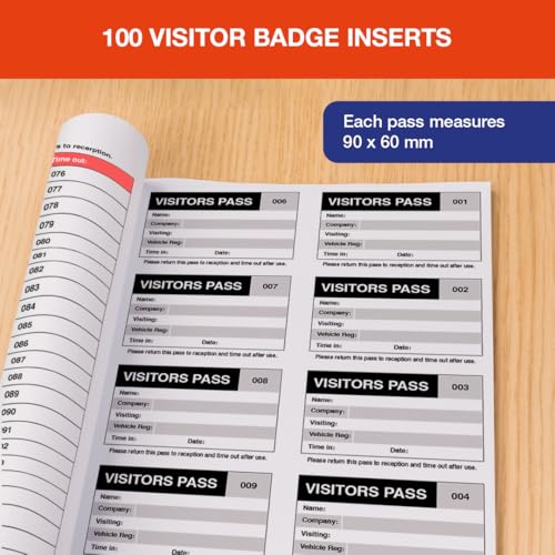 V Safety Professional Visitor Book Refill with 100 Badge Inserts (90 x 60mm) - GDPR Compliant Sign-in System for Reception Areas - 10 Passes per Page with Health & Safety Information