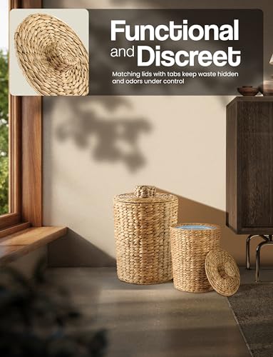 Tidita Set 2 Water Hyacinth Wicker Wastebasket for Bathroom, Lid Included