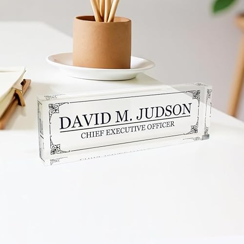 Personalized Acrylic Desk Name Plate – Custom Nameplate Printed on Clear Solid Acrylic Glass Block, Elegant Office Desk Accessory, Unique Corporate Gift, Customized Office Decor for Professionals