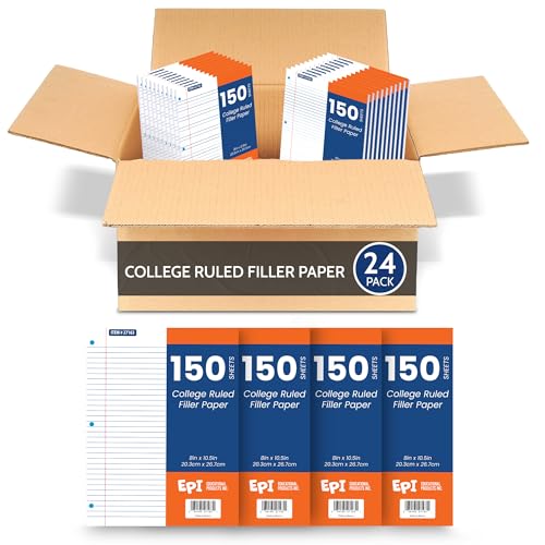 EPI Filler Paper | College Ruled | Loose Leaf, 3-Hole Punched, 10.5 x 8 in, 150 Sheets | School, Office, Notes, Binder Refill - 24 Pack