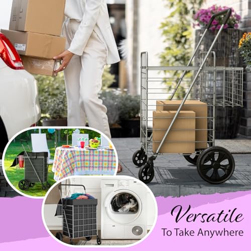 Our Modern Space Shopping Cart w/Waterproof Basket Liner & 360° Swivel Wheels | Foldable Collapsible & Lightweight | Perfect for Groceries Laundry Utility Cart - Silver