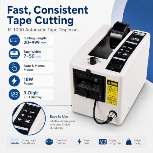 Electric Automatic Tape Dispenser, Tape Cutting Machine, 7-50mm Width, 20-999mm Length Range, for All Kinds of Adhesive Tapes, Labelling & Electronic Tape Dispensing