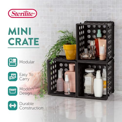 Sterilite Mini Crate, Stackable Plastic Storage Bin with Handles, Organize Home, Garage, Office, School, Dorm Room, Black, 24-Pack