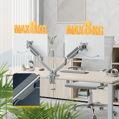 RICOO TS8811 Dual Monitor Stand Tilt Swivel 13-27 Inch VESA 75x75 100x100 Double Arm Mounting System LED LCD Screen Desk Mount Silver