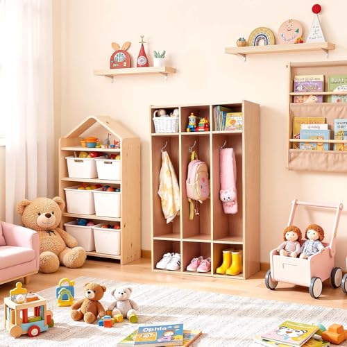 VEVOR 3-Section Coat Locker, Kids Lockers with 6 Hooks & Non-Slip Mat, Classroom Cubbies for Daycare, Home, Kindergarten- Natural