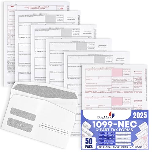 1099 NEC Tax Forms 2025, 3 Part of Laser NEC Tax Forms, 50 Pack and 50 Self-Seal Envelopes, Pack Included Federal/State Copy's, 1096's –Great for QuickBooks and Accounting Software, 50 Pack