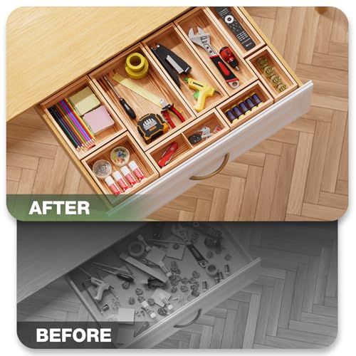 9-Pack Solid Wood Junk Drawer Organizer, Modular Desk Drawer Tray & Accessories with Non-Slip Pad, Multi-Use for Kitchen, Office, Bedroom Dresser, Utensil, Makeup, Stationery, Tea Bags & Coffee Pod