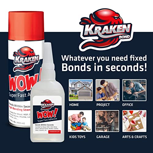 Kraken Bond Wow! CA Glue (24x3.50 oz) with Spray Adhesive Activator (24x13.50 fl oz) - Cyanoacrylate, with Activator, Fast CA Glue for Woodworking, Crazy & Craft - 24 Pack