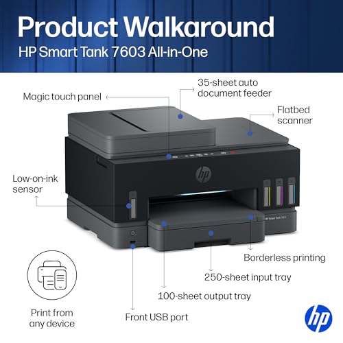 HP Smart Tank 7603 Wireless All-in-One Ink Tank Printer, Scanner, Fax, Copier with up to 3 Years of Ink Included, Best-for-Home Office, Cartridge-Free Refillable, AI-Capable (D34F7A)