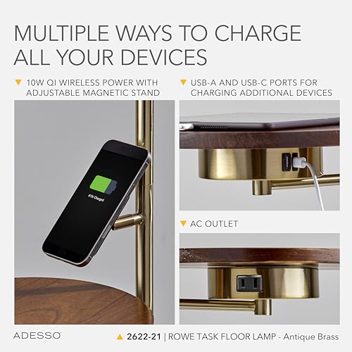 Adesso Floor Lamp with Table, Antique Brass & Wood, Wireless Charging, 56”