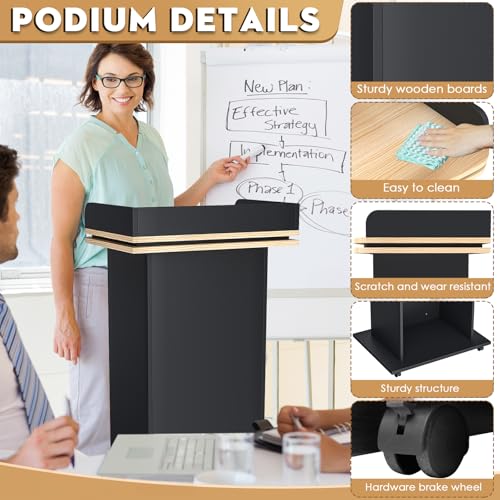 43" Wood Podium Stand with Wheels, Portable Lectern with 3 Levels of Storage, Floor Standing Customer Reception Podiums Mic Stand Desk for Churches, Office, School,Conference, Auditorium, Seminar