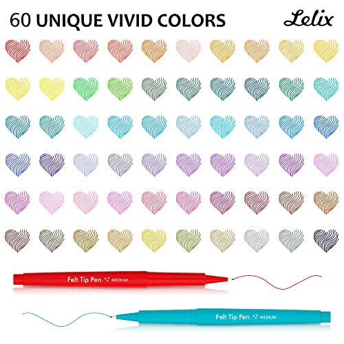 Lelix 60 Colors Felt Tip Pens, Medium Point Felt Pens, Assorted Colors Markers Pens For Journaling, Writing, Note Taking, Planner Coloring, Perfect as Art Office and School Supplies