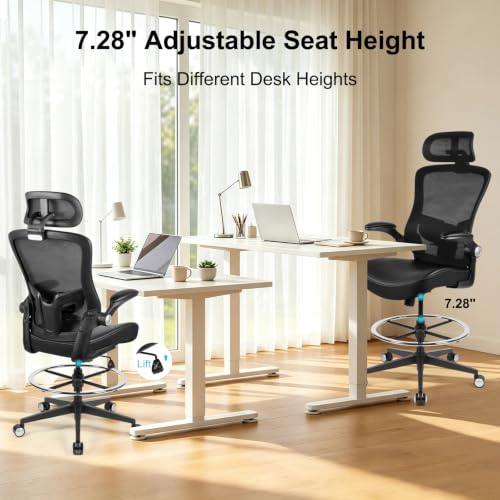 Drafting Chair 400lbs Tall Office Chair Heavy Duty Ergonomic Standing Desk Chair with Adjustable Lumbar Support, Flip-Up Armrests, Footrest Ring and Headrest