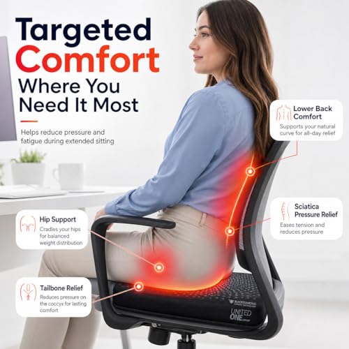 UOG (United One) 5-in-All Wellness Seat Pad, Cushion for Office, Car & Pilot Seat Comfort, Pressure Relief, Hip, Tailbone & Lower Back Comfort, Black Diamond Carbon & Nano Silver, Made in USA