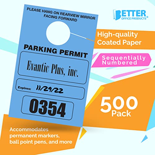 Better Office Products Parking Permit Hang Tags, 500 Pack, Temporary Parking Passes, Bulk Pack, Custom Passes Numbered 1-500, 3.15" x 4.75" Placards for Rearview Mirror (Blue)