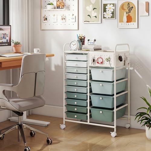 LDAILY Rolling Storage Cart with Drawers & Pegboard, for Classroom, Green