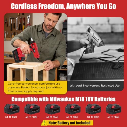 100w Cordless Hot Melt Glue Gun Compatible with Milwaukee M18 18V Battery, High Temp Electric Power Glue Gun with 20pcs 11x150mm Glue Sticks for Arts Crafts DIY Decor School Home Repair (No Battery)