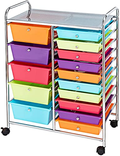 15-Drawer Storage Cart, Mobile Rolling Utility Cart w/Wheels, Multipurpose Organizer Cart for Tools, Scrapbook, Paper, Ideal for Home Office School (Multicolor)