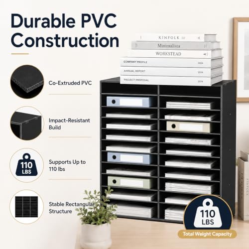 48-Slot Mail Sorter Wood Literature Organizer, 16 Tier Bill Paper Organizer Cabinet, 110lb Capacity - Desk Student Mailbox for Classroom, Office, Home, Document Storage & Magazine Display, Black
