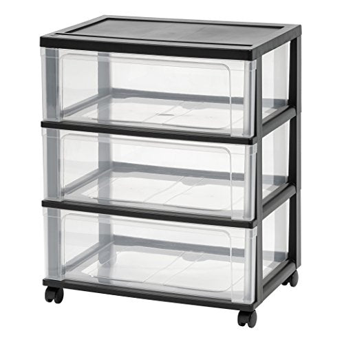 IRIS USA 3-Drawer Wide Storage Cart with Wheels, Organizer, Black