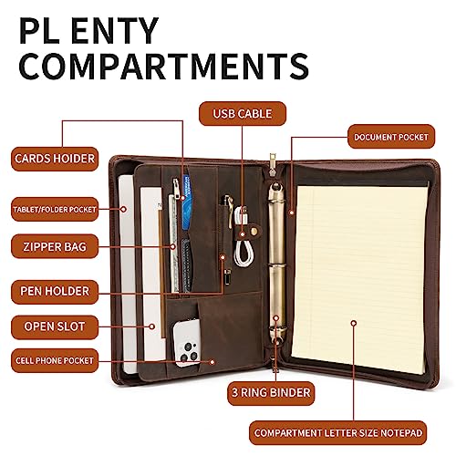 YIWEN Leather 3 Ring Binder Portfolio Zippered for 8.5 x 11” Notepad