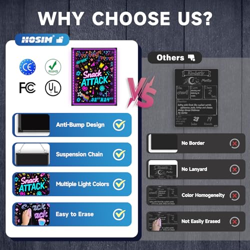 Hosim LED Message Writing Board 24" x 16", Illuminated Erasable Neon Sign Restaurant Menu Board with 8 Colors Markers, 16 Lighting Colors Light Up DIY Message Chalkboard for Christmas Display