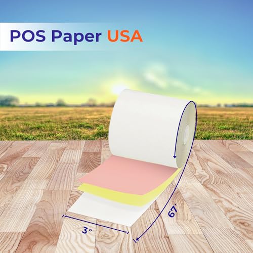 POS Paper USA 3" x 67' 3-Ply Carbonless Paper (50 Rolls/Case) - White/Yellow/Pink - BPA Free