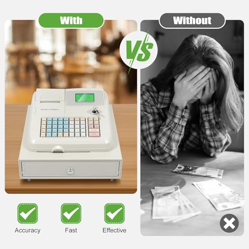 Cash Register with Drawer 48 Keys, Cash Registers Cash Register POS Cash Machine Flat Keyboard Box 8-Digital LED for Catering Supermarkets Clothing Stores Hamburger