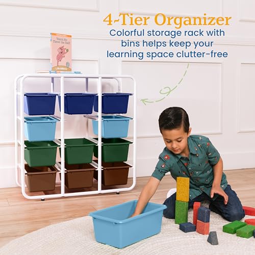 ECR4Kids 4-Tier Storage Rack with 12 Cubby Bins 4x3, Multipurpose Organization, Earthtone