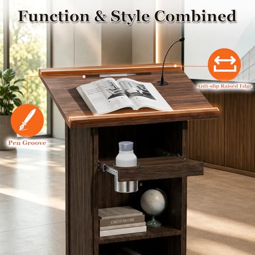 Zevemomo Wooden Podium Stand with Storage, Cup Holder, Brown