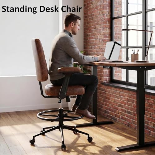 Marsail Drafting Chair with Flip-Up Armrests and Footrest, Ergonomic Tall Office Chair, Height Adjustable High Chair, Brown Leather Seat with Thick Cushion, 360° Swivel, Pack of 2